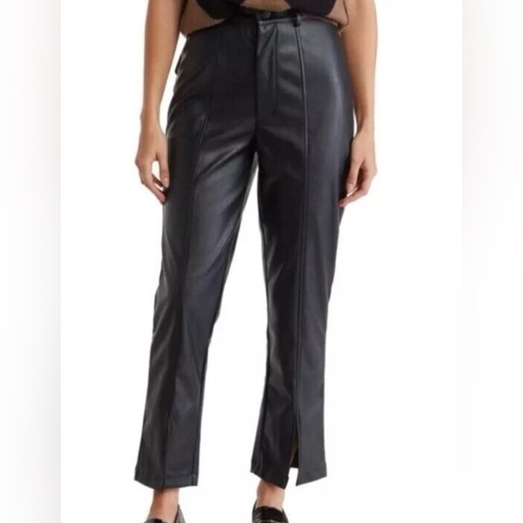 NEW Wildfox Vegan Leather Pants Sze M High Rise w/ Split Hem Straight Leg Chic - Picture 1 of 16